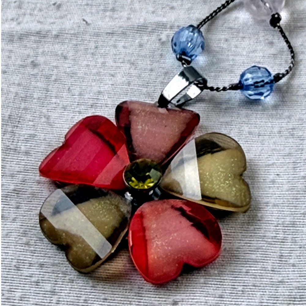 NWT Flower Heart Petal Necklace Gunmetal Blue Pink Bead Boho Costume Jewelry NEW